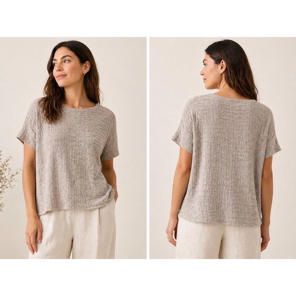Eileen Fisher Top Women's L/XL Beige Textured Boxy Oversized Linen Blend Knit